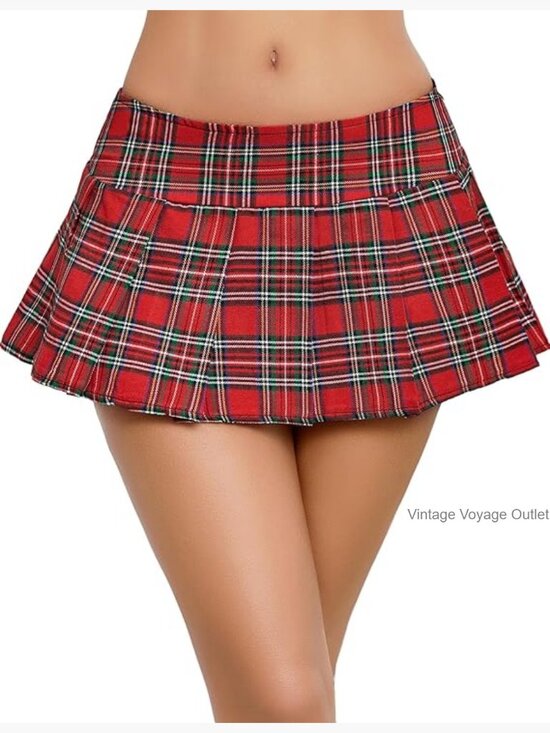Dresses & Skirts - Pleated Mini Skirt, Polyester Spandex, Low Rise, Zipper Closure, Role Play